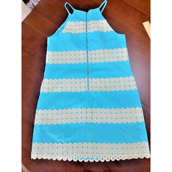 Lilly Pulitzer Annabelle Shift Dress Turquoise Gold Size 10 - Retail $288 - Picture 2 of 9